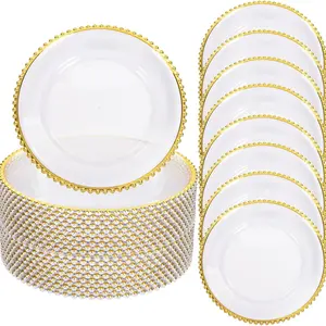13 Inch Clear Plastic Gold Charger Plates with Gold Rim, Reusable Decorative Serving Plates for Wedding, Family Party & Tabletop Decor
