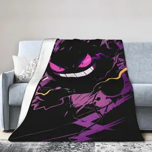 Gengar Anime-Themed Graphic Blanket, Soft Warm Plush Flannel Throw, Cartoon Face Illustrated Graphic Character Blanket for Bed Sofa, Full Synthetic Multifunction Home Gift,Dark aesthetic pokemon decor, Easter and Spring Home Decor