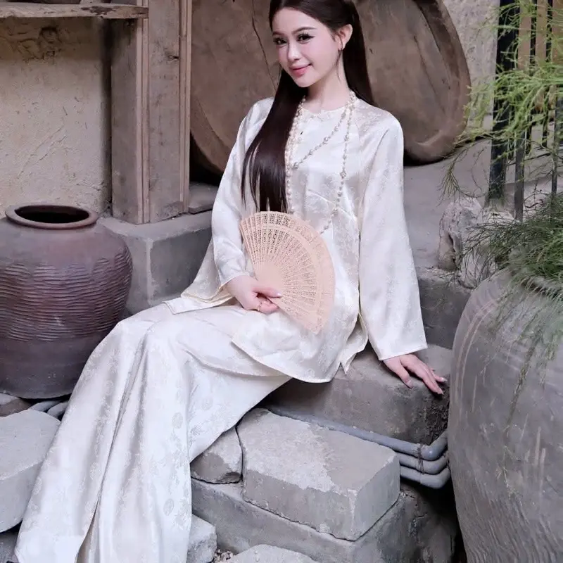 Bà ba gấm trúc - set clothing shirt and pants, elegant white traditional outfit for women, perfect for formal occasions