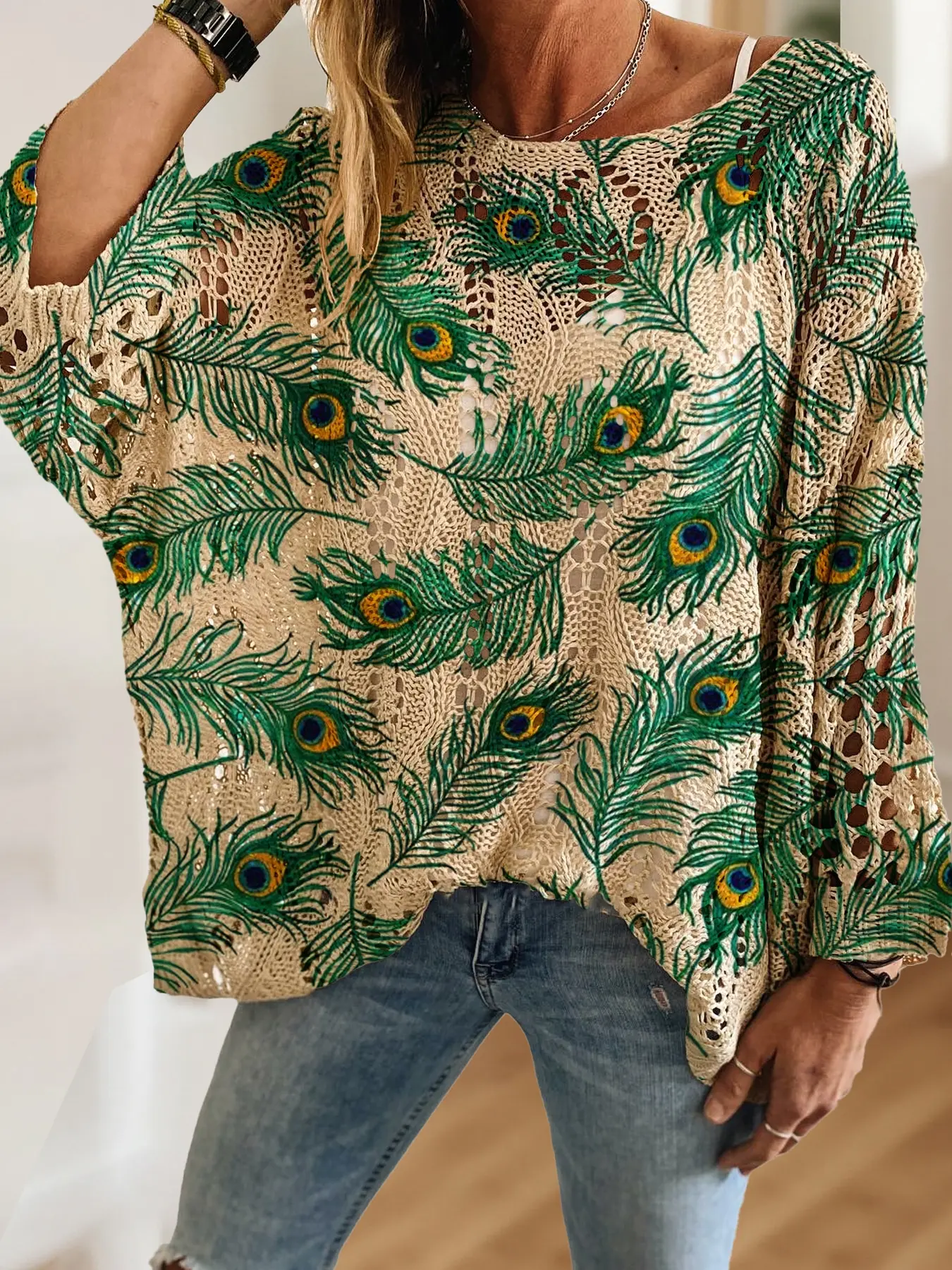 Women's Feather Print Long Sleeve Knit Hollow Out Top, Casual Elegant Vacation Style Sweater, Valentine's Day Knitwear, Batwing Shoulder Design