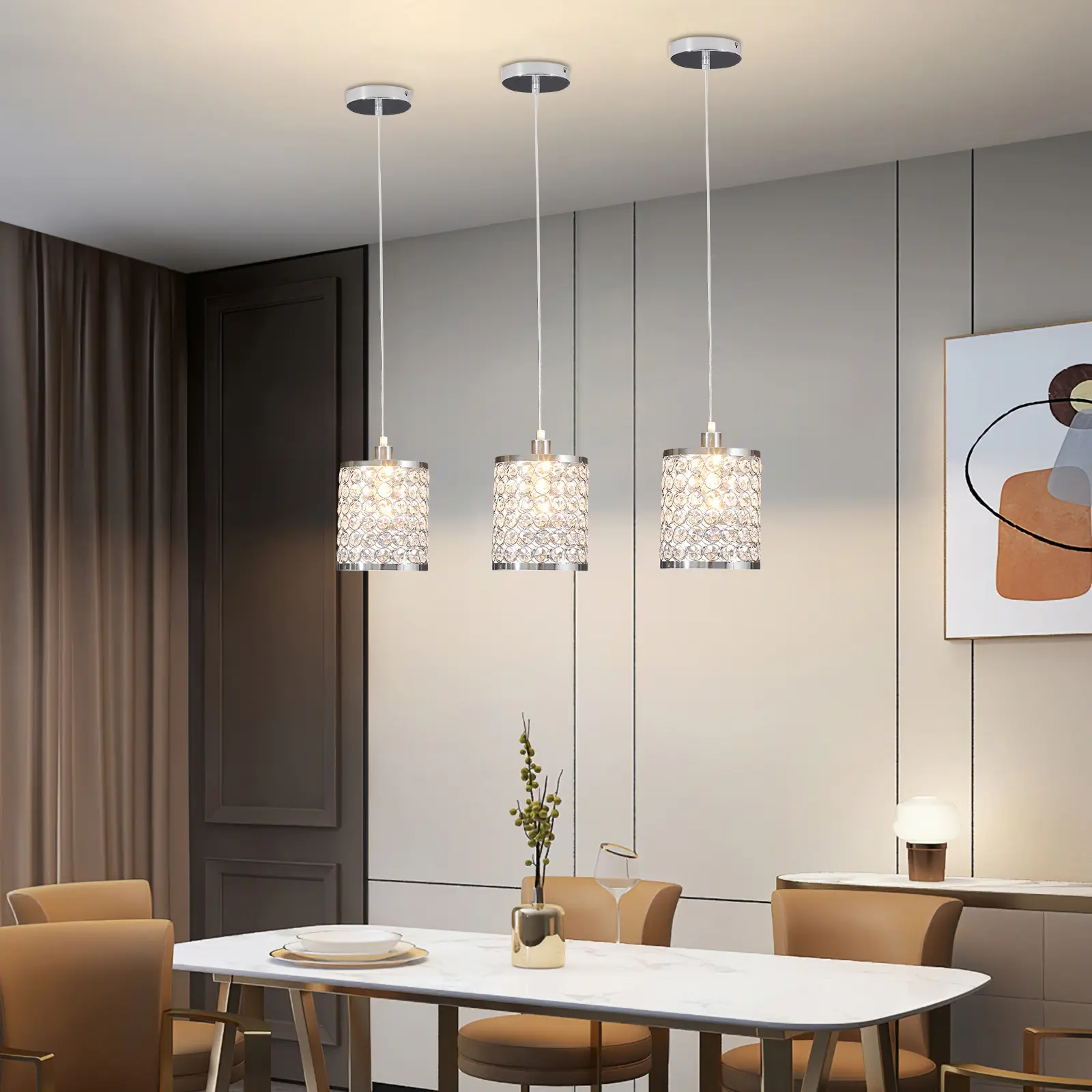 CNCEST 3-Pack Modern Crystal Chandeliers - Chrome Metal Height-Adjustable AC-Powered Ceiling-Mounted Lamps with 70in Max Cord, All-Glass Pendant Lights for Living Room, Dining Room (Atmosphere & Accent Lighting), Atmosphere Lighting