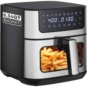6.34QT Air Fryer with Window, 8 Food Presets with 400°F Max Heat, 90-Min Timer, Nonstick Dishwasher-Safe Basket for Air Fry, Roast, Reheat, Bake, Stainless Steel