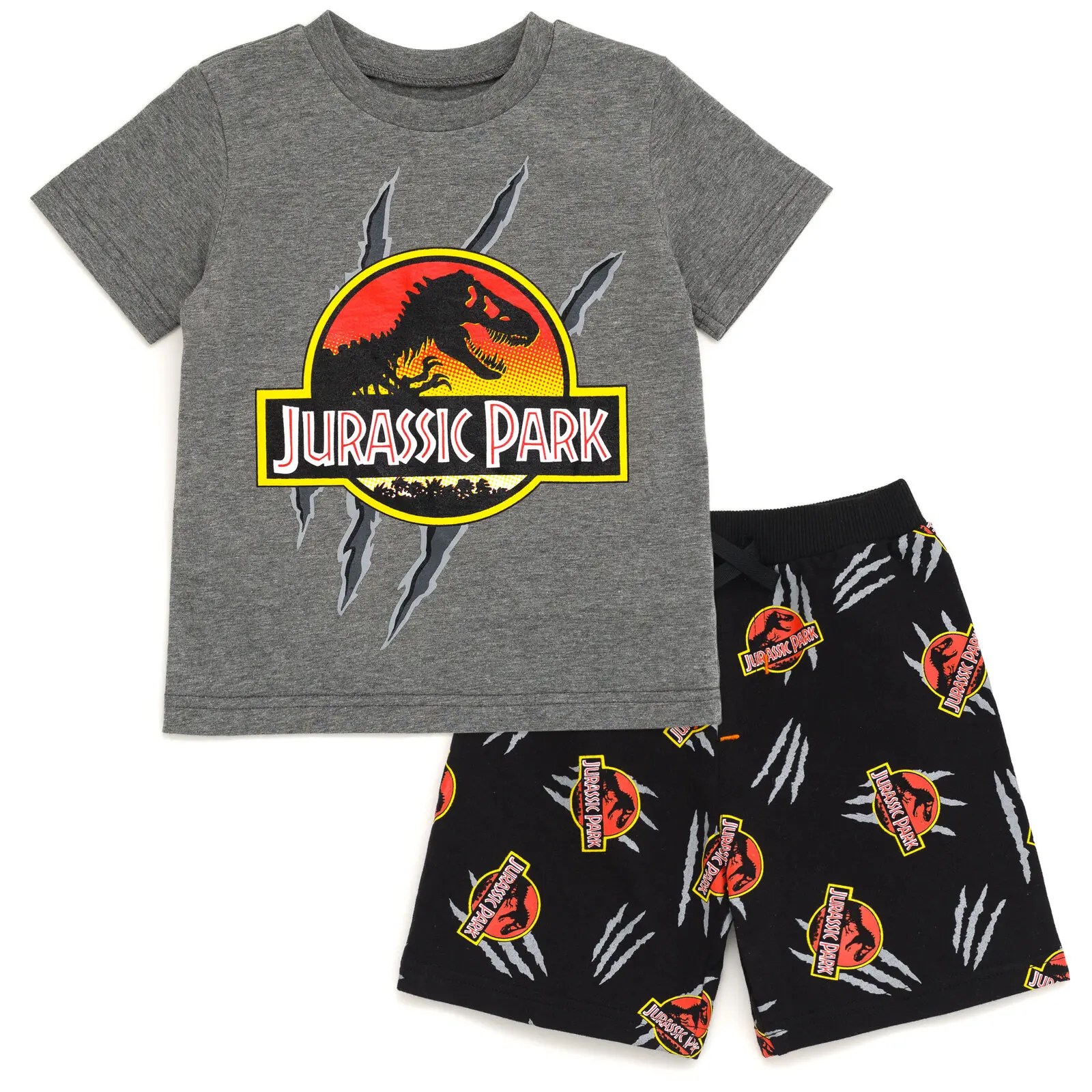 Jurassic World Boys' 2-Piece Outfit Set, Blue Raptor Graphic Cotton Tee & Allover Print French Terry Drawstring Shorts, Toddler to Big Kid, 3T, 4T, 10 - 11 Years, 2T