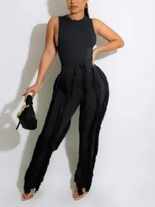 Women's Classic Top & Fringe Wide Leg Pants Set, Fashion Party, 2 Piece Set, Stylish and Trendy