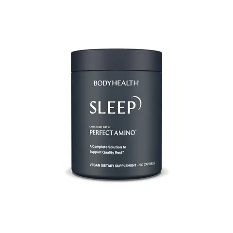 BODYHEALTH Sleep Enhanced with PERFECT AMINO Vegan Dietary Supplement - 90 Capsules, Melatonin, Tryptophan, Vitamins, Gluten-Free, Non-GMO, Drug-Free, for Restful Sleep & Stress Relief, 5-Htp Support, Calms Racing Thoughts Before Bed