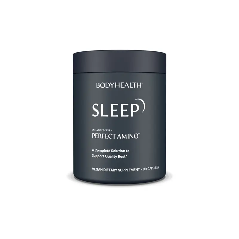 BODYHEALTH Sleep Enhanced with PERFECT AMINO Vegan Dietary Supplement - 90 Capsules, Melatonin, Tryptophan, Vitamins, Gluten-Free, Non-GMO, Drug-Free, for Restful Sleep & Stress Relief, 5-Htp Support, Calms Racing Thoughts Before Bed