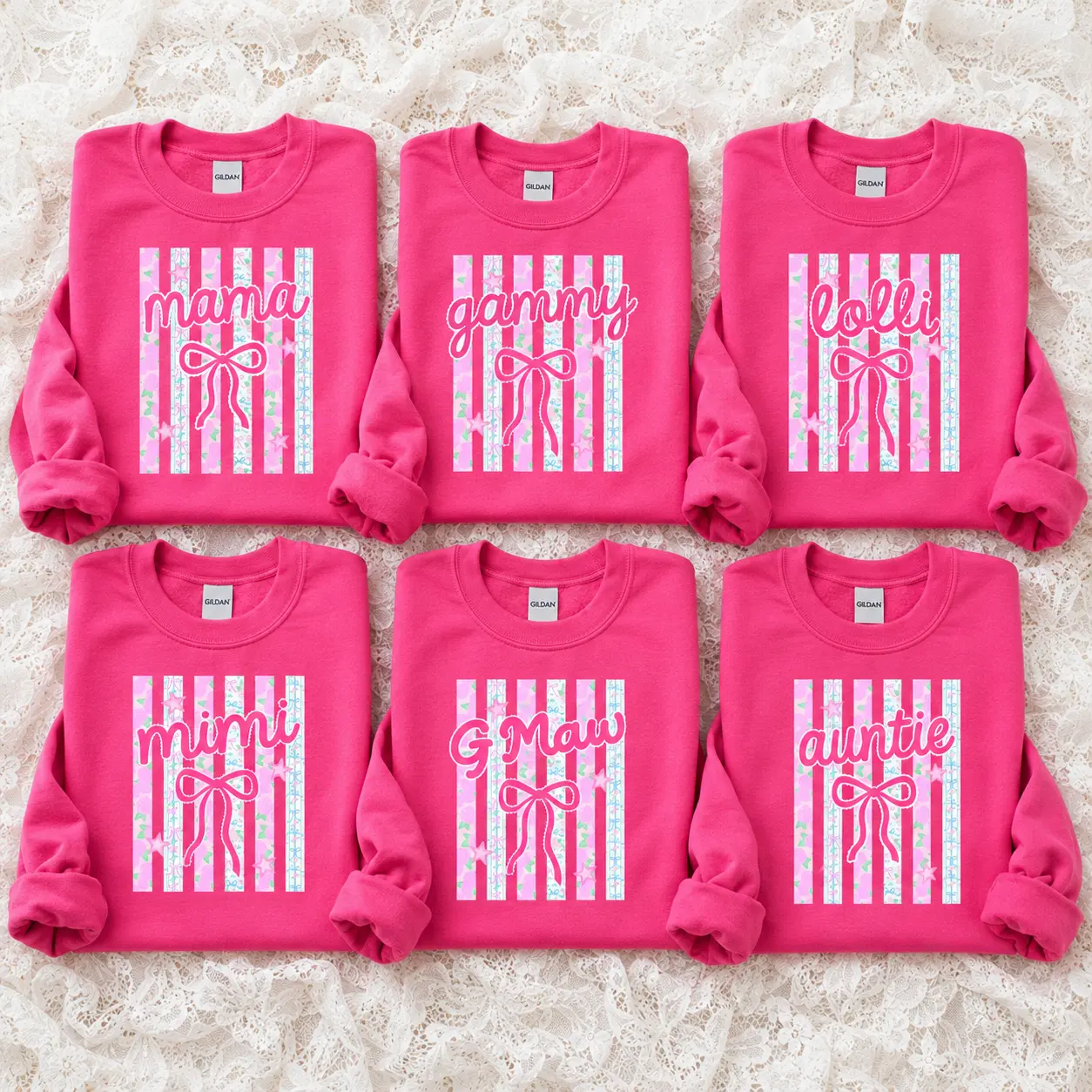 Personalized Grandma Sweatshirt, Cute Mama Gammy Lolli Mimi G-Maw Auntie Bow Floral Stripes Crewneck, Pink Family Matching Pullover, Mother’s Day Gift, Birthday Gift for Grandma, New Grandma, Nana, Mimi and Aunt - JACKSON HOAI STORE