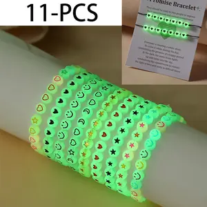 11PCS Handmade Adjustable Luminous Beaded Bracelet Set Cute Heart/Star/Cloud Accessories Chain Glow-in-the-Dark Retro Neon Glow Beads Wristband Party Fashion Accessory Bracelets Set