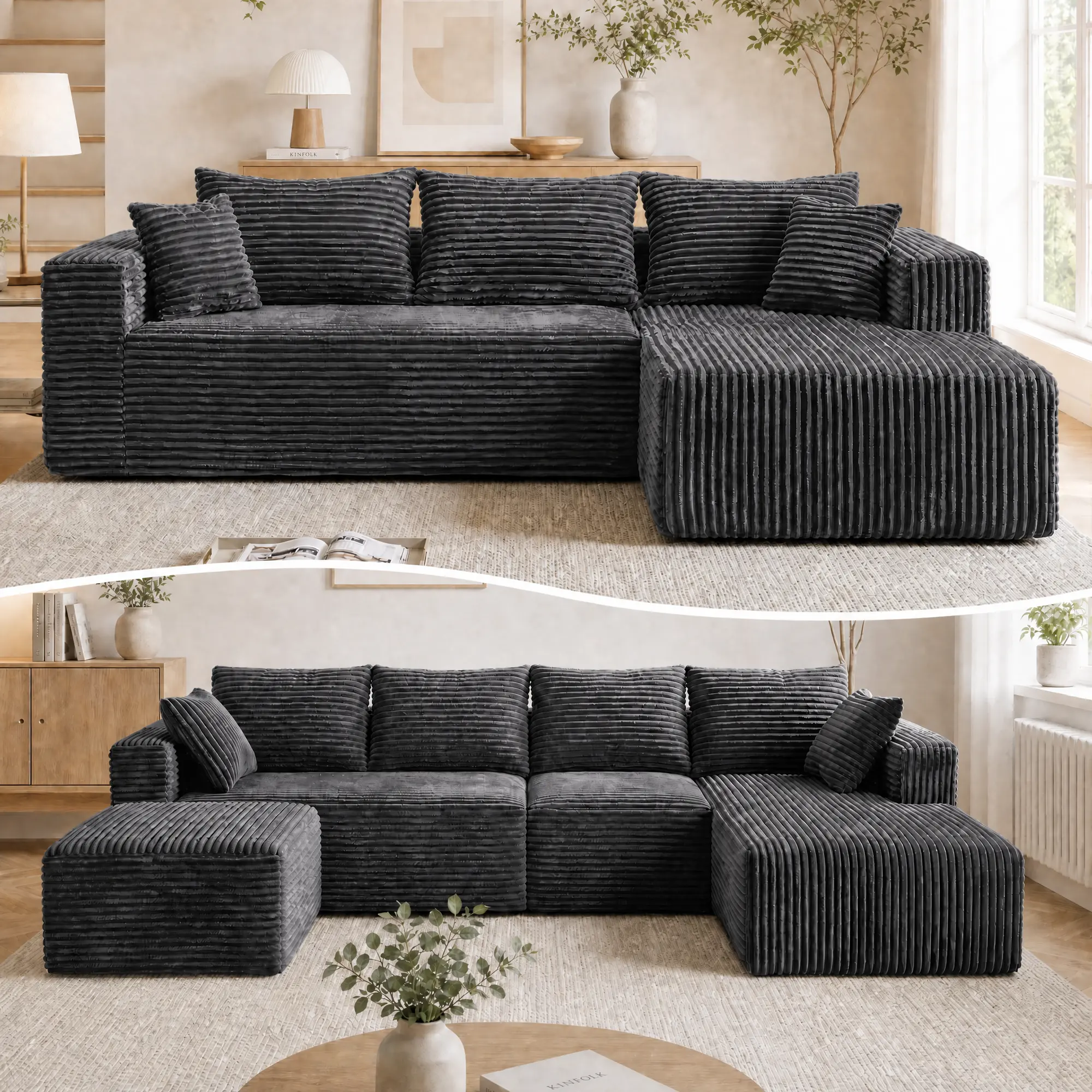 ANY BOX 118&92.5" L/U-Shaped Modular Boneless Sectional Couch Oversized Deep-Seat Suitable for Living room/Bedroom/Apartment 0112GY