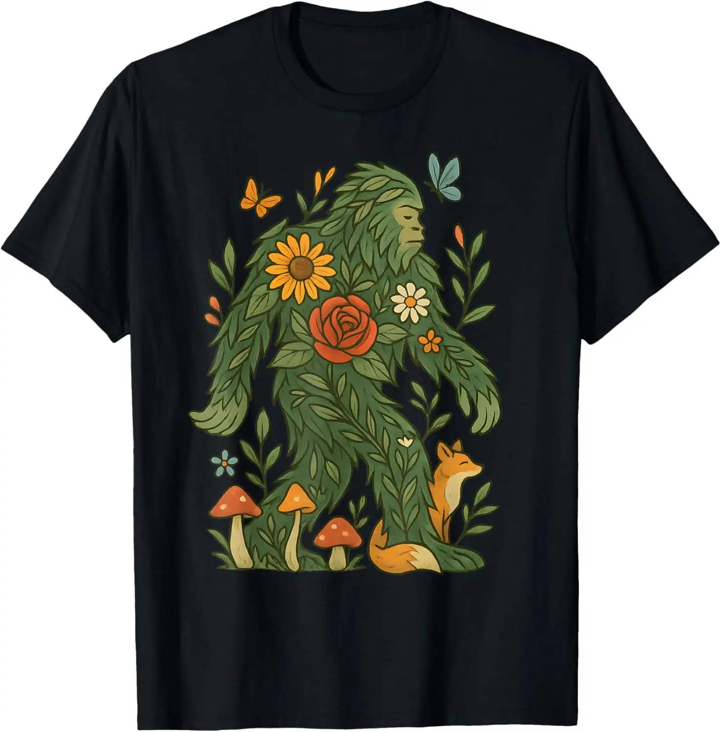 100% Cotton Floral Bigfoot Cottagecore Botanical Nature Lover Fairycore T-Shirt