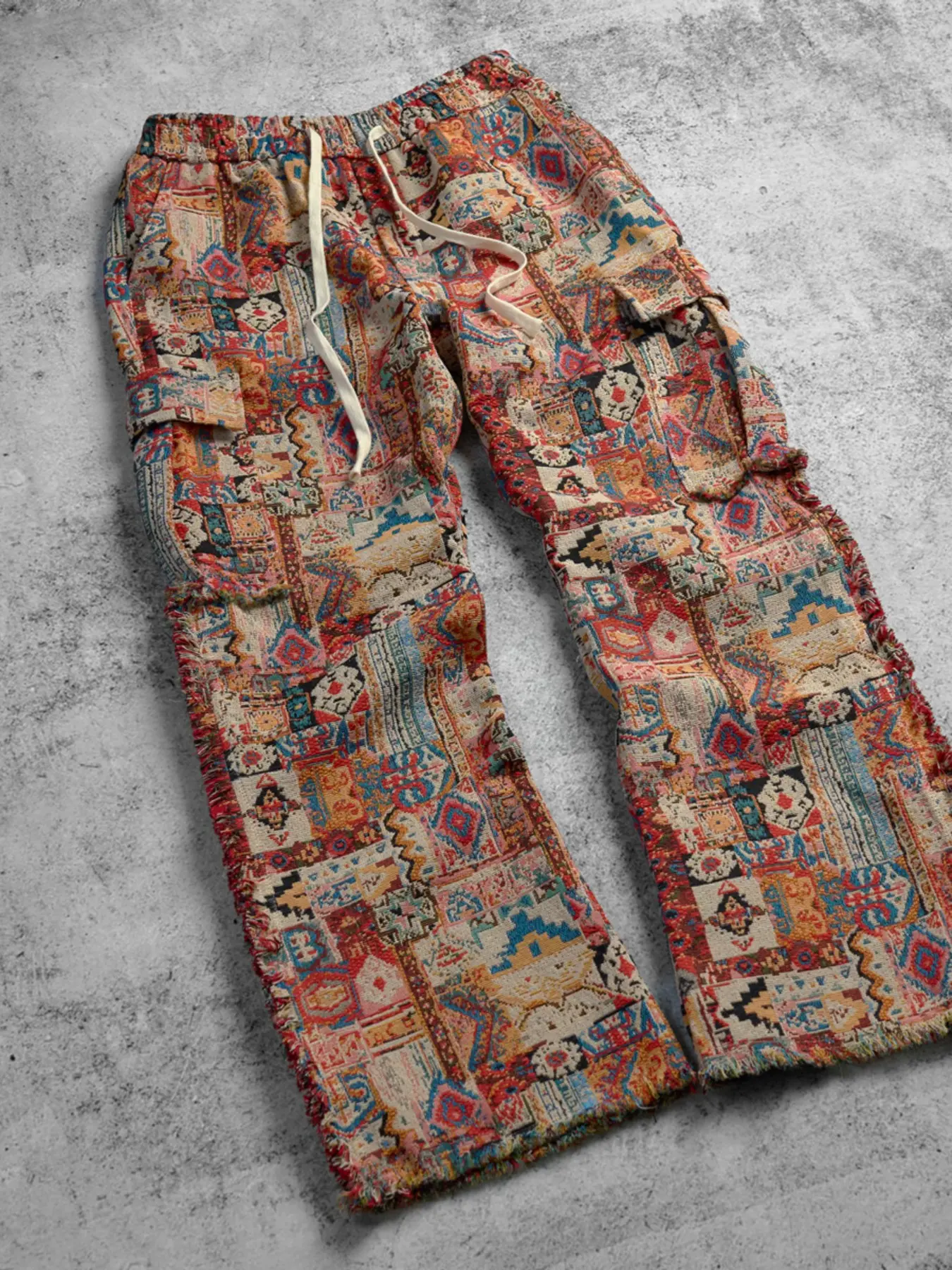 Men's Vintage Carpet Embroidery Work Pants, Fringe Wool Edge Design, Ethnic Style Wide Leg Casual Pants, Comfortable and Stylish, Bohemian Trousers, Boho Comfy Trousers, Bohemian Street Trousers, All Season Trousers