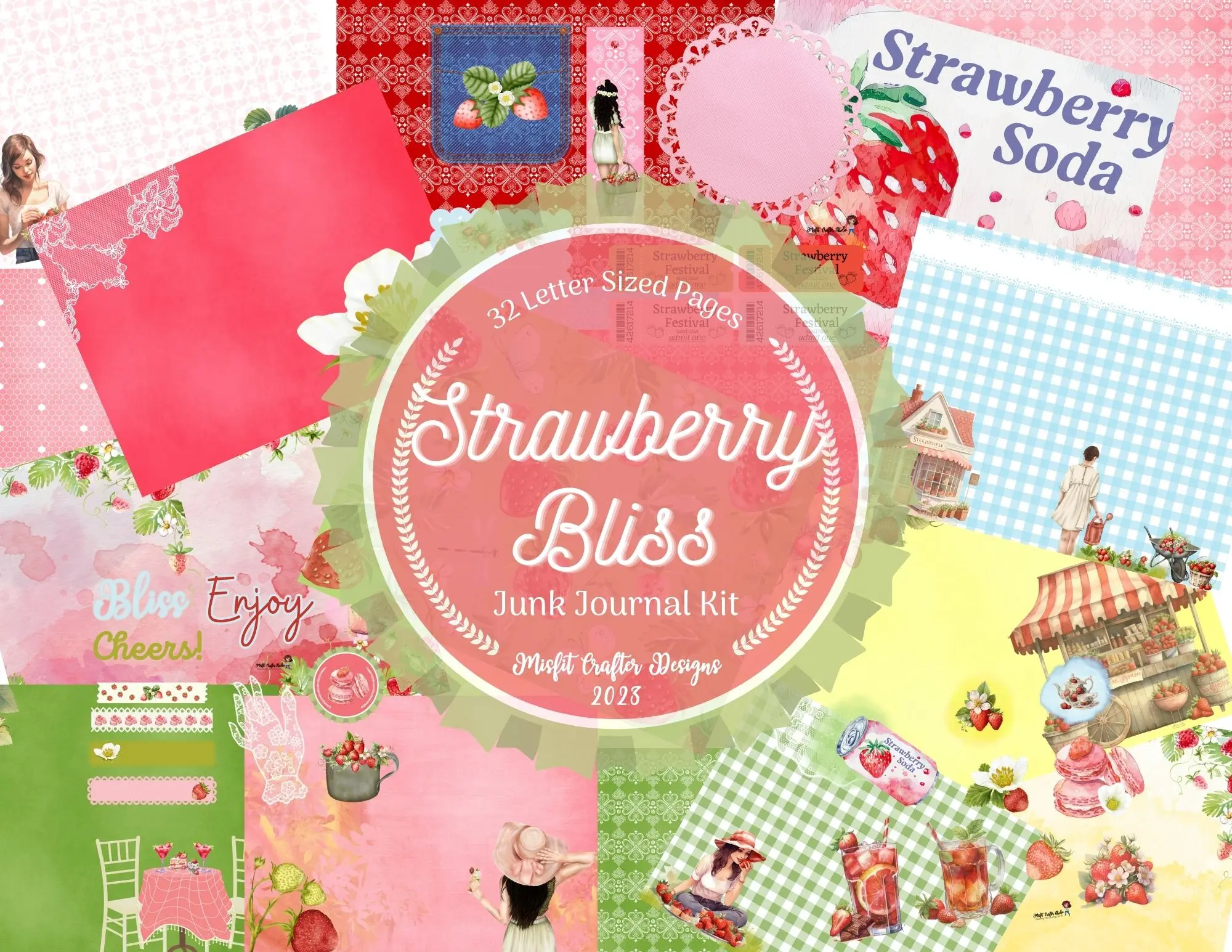 Strawberry Bliss Junk Journal Kit with 62 piece Ephemera Set by Misfit Crafter Designs for DIY