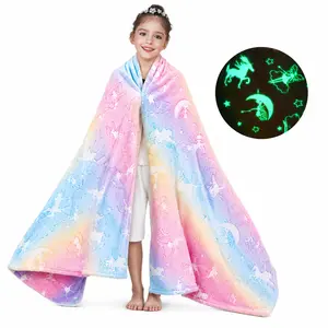 CHUBBYJOY Glow In the Dark Unicorn Blanket for Kids, 50 x 60 Inch Soft Pastel Rainbow Flannel Flannel Throw Blanket with Moon Stars, Cozy Plush Kids Blanket for Bed Sofa Travel