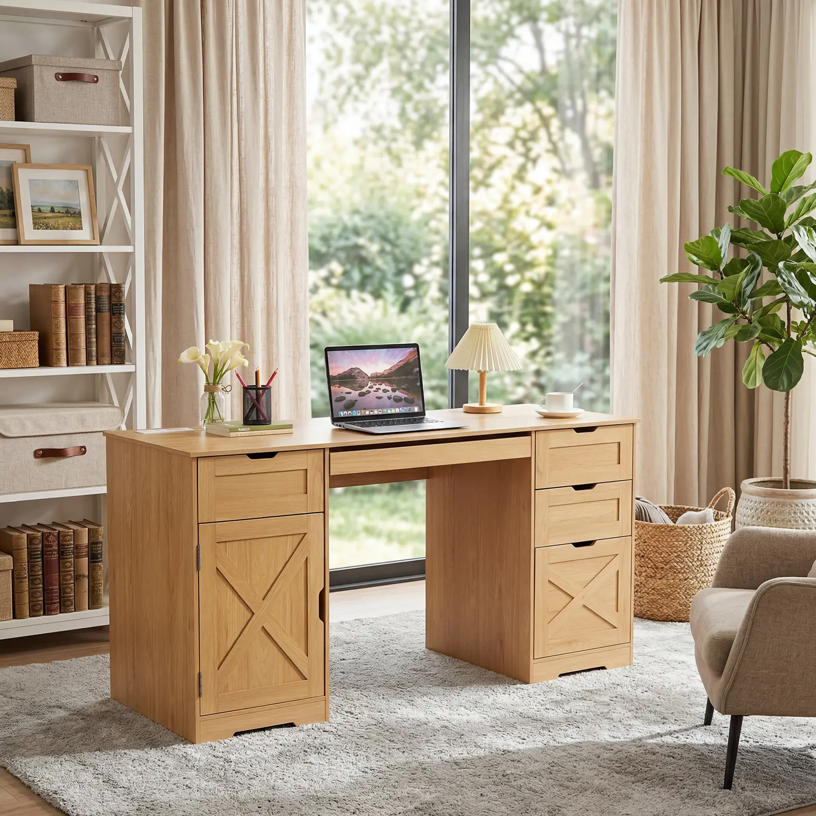 Garvee 59" Farmhouse Executive Office Desk, Computer Desk with Drawers - Built-In Charging Station - Keyboard Tray - Adjustable Shelves, Large Wooden Storage Desk for Home Office