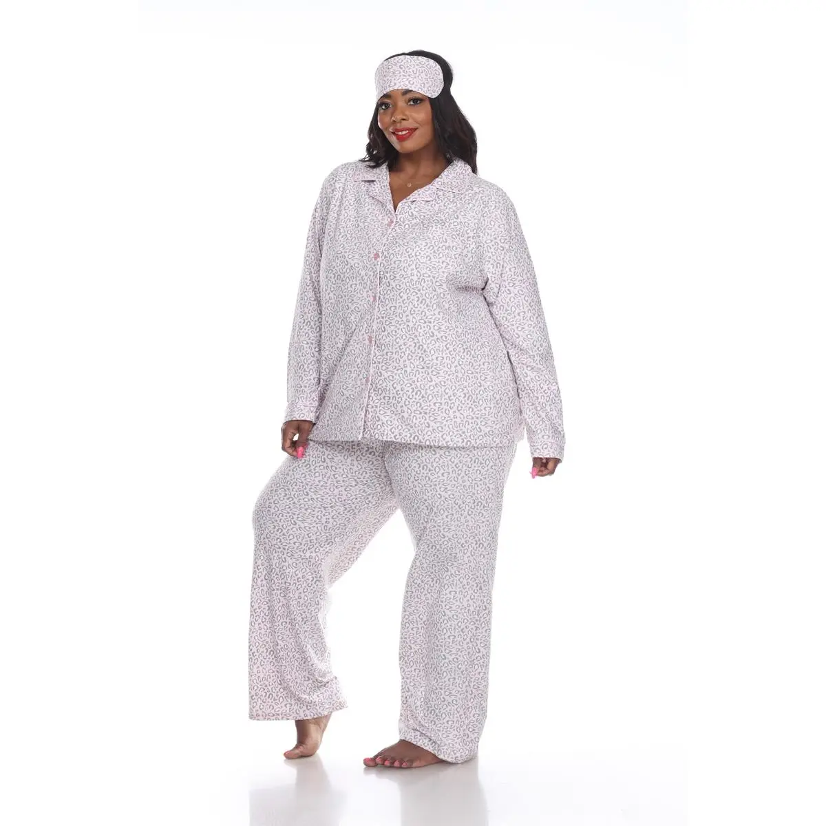 212 MAIN Lady's Plus Size 3-Piece Pink Cheetah Pajama Set - 3XL (PS3610-13), Longsleeves Breathable Full-Length Nightwear Loungewear, Soft Fabric, Comfortable Leg Design, Eye Mask, PJ Sets for Women
