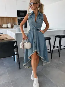 Women's Summer Vintage Elegant Waist Cinched Asymmetric Hem Front Button Sleeveless Denim Dress, Casual Fashion for Spring & Fall