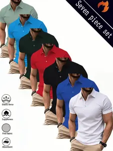 Men's Summer New Short Sleeve Polo Shirt Set, Casual Sports Travel Outdoor Camping, Pure Color Tie Dye Golf Underwear, Golfing Shirt, Golf Tournament Shirt, 7 Pieces Menswear