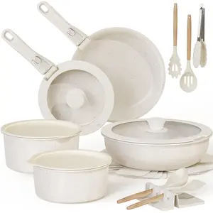22-Piece Nonstick Cookware Set with Detachable Handles, Cream White Stackable Pots and Pans Set, Oven Safe, Induction Compatible, Space-Saving RV Kitchen Cookware