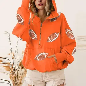 Women's Game Day Sweatshirts Football Sequin Hoodies Tailgate Outfits Long Sleeve Zipper Sweaters with Pocket Pullover Fashion