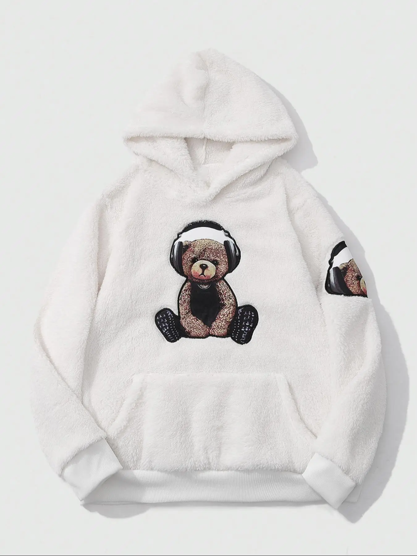 Men's Cartoon Bear Print Hooded Fuzzy Sweatshirt, Casual Long Sleeve Pullover Top for Fall & Winter, Men's Sleepwear for Indoor Wear