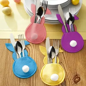 Easter Bunny Felt Utensil Cutlery Holder Bag Set, 4 Pieces Easter Decorations Home Tableware Accessories, Happy Easter Decoration