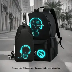 2pcs Luminous Youth Backpack Set - Oxford Fabric, Large Capacity, Fashionable Casual Daypack with Chest Bag, Cartoon Design, Adjustable Shoulder Straps for High School, College, Commuting, Campus, and Travel, School
