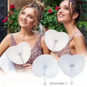Heart Folding Fan Blank Paper Hand Fan with Plastic Handle, DIY Painting Birthday Wedding Party Decoration, 6/12/20/50/100 Pieces