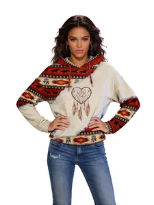 Women's Western Aztec Horse & Dreamcatcher Heart Print Hoodie – Boho Tribal Geometric Pattern Long Sleeve Hooded Sweatshirt with Drawstring & Pocket for Women, Vintage Ethnic Navajo Inspired Casual Pullover Top