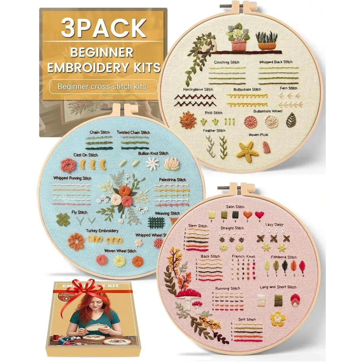 Beginner Embroidery Kit for Adults, 3 Pack with Pre-Printed Patterns, Learn Basic Stitches with Step-by-Step Video Tutorial, Needles & Tools Included, 7.8" Hoop, Floral Garden DIY Craft Gift