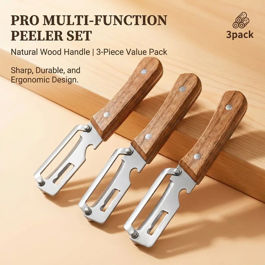 3-in-1 Vegetable Peeler Set, 3 Pack Stainless Steel Potato Peelers with Natural Wood Handle, Multi-Functional Fruit Peeler with Bottle Opener & Fruit Eye Remover, Ergonomic Non-Slip Grip for Kitchen, Camping, Veggies, Apples, Carrots