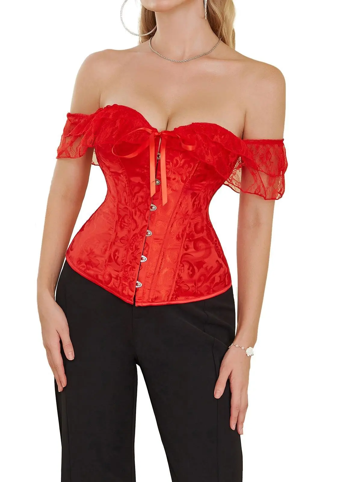 Women's Off-Shoulder Floral Lace Corset Top - Smooth Skin-Friendly Polyester Bustier Bodice with Waist-Shaping Boning, Waist-Contouring Bandage Cut, Lace-Up Back, Push-Up Fit, Everyday & Wedding Party-Ready Accent, Hang Dry