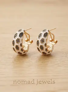 Vintage Leopard Print Enamel Hoop Stud Earrings - Unisex Brass Alloy Jewelry with Retro White & Black Hexagon Honeycomb Shaped Motifs, Elegant Artistic Chic Style High Fashion Daily Gift for Her #nomadjewels, Elegant Earrings, Artistic Earrings