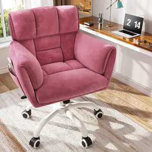 Home Office Chair With Wheels & Side Pockets Vanity Chair Adjustable Height Soft Upholstered Modern Desk Chair With Backrest & Arm For Bedroom, Pink