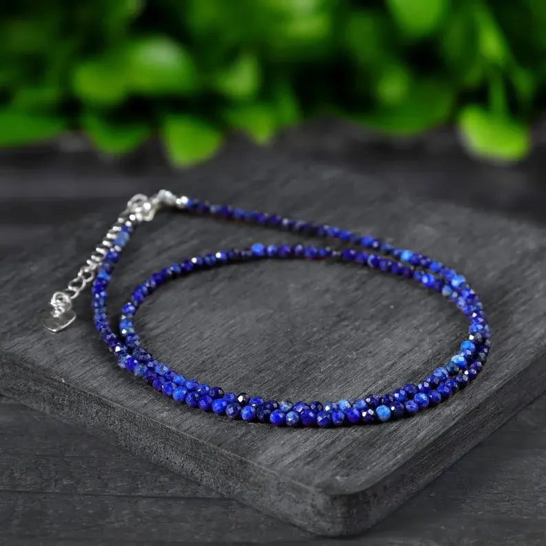 Lapis Lazuli Beaded Choker Necklace for Women, 2mm Minimalist Faceted Beads, Dainty Elastic Healing Crystal Jewelry, Birthday Gift, Beaded Necklace