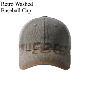 Retro Washed & Distressed Baseball Cap — Lettering Design, Wide Brim, Large Head Circumference, Face-Slimming Effect, Soft-Top Duckbill Hat