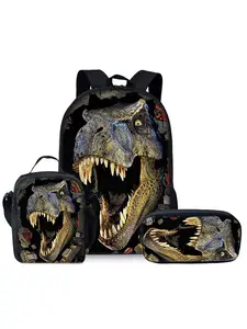 Tyrannosaurus Rex pattern printed 17-inch backpack three-piece set (single-layer backpack + shoulder strap lunch bag + single-layer pencil bag)