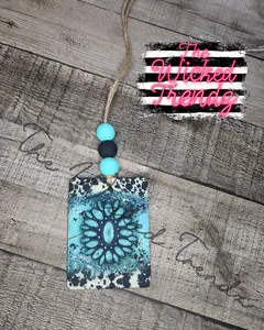 Turquoise Cow Print Country Western Theme Car Hanging Scented Car Air Freshener Freshie Cute Car Truck Accessories Decor Car Charm