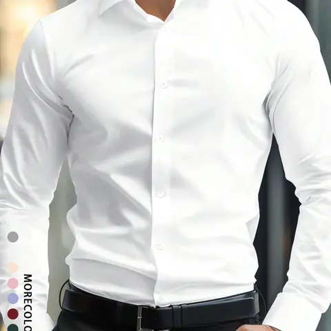 Men's Solid Long Sleeve Button Front Shirt, Regular Fit Casual Business Formal Classic Comfy Dress Shirt for Office Daily Wear, Men's Top for All Seasons, Business Formal Shirts