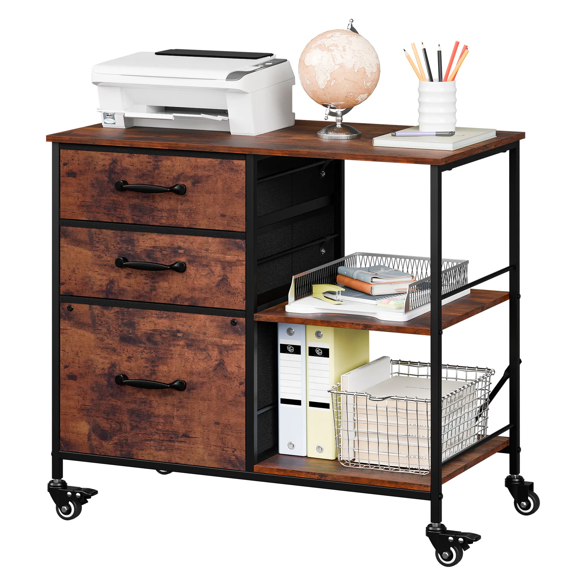 Segawe 3-Drawer Mobile Steel Frame File Cabinet - Rolling Casters, Open Storage Shelf, Printer Stand, Drawer Platform, Easy Setup Organizer Storage for Home Office, Sliding Desktop Drawers, Storage Drawer Platform