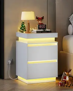 WLIVE Nightstand with Charging Station and LED Lights, Bedside Table with 2 Wooden Drawers and Sliding Top, Modern End Table Side Table for Bedroom, Living Room, Office