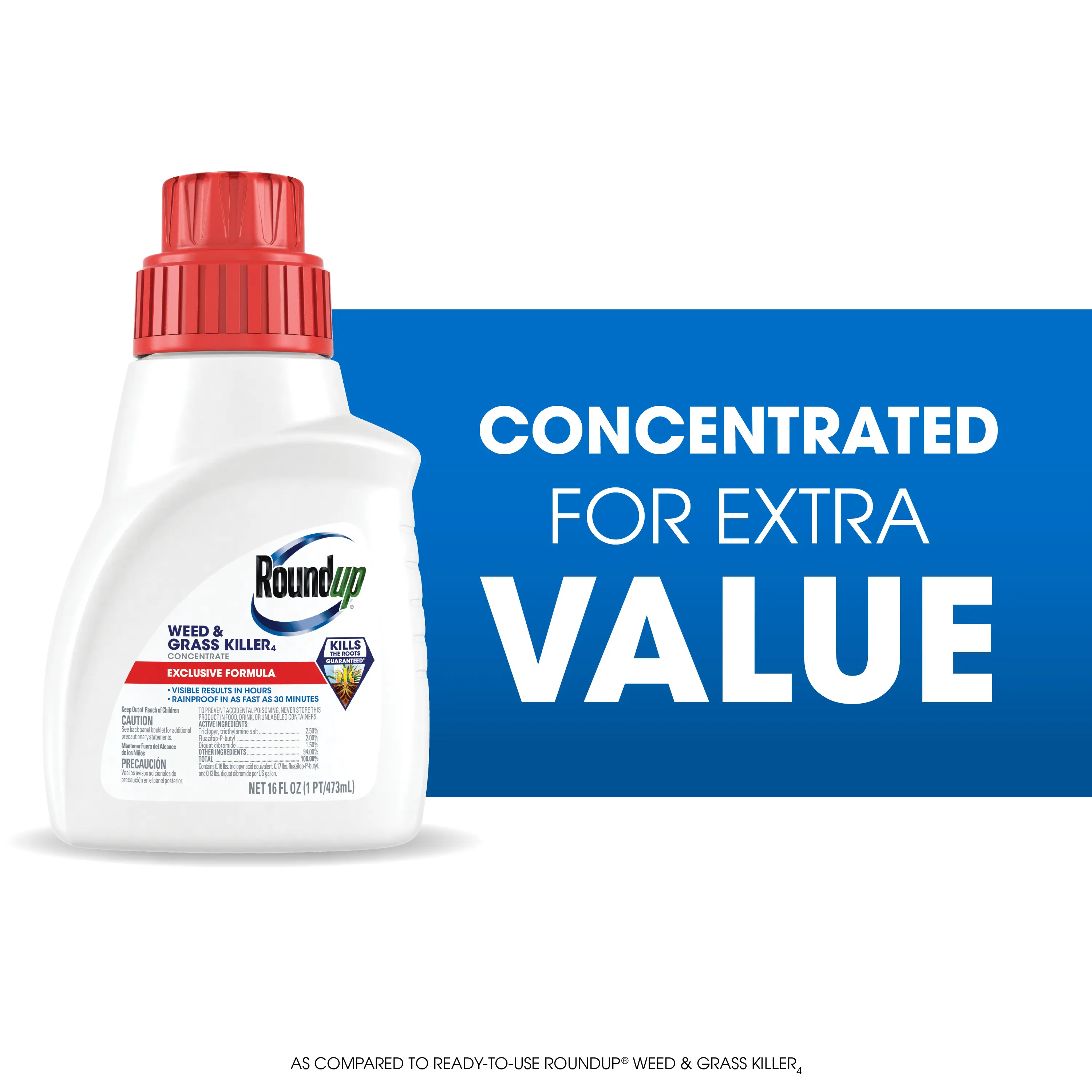 Concentrated Herbicide Weed & Grass Killer Concentrate (16 fl oz) – Kills Clover, Crabgrass, Dandelions Down to the Root, Rainproof in 30 Minutes, Covers 800 to 1,500 Sq. Ft. for Flower Beds, Driveways, Covers Up To 1,500 Sq. Ft.