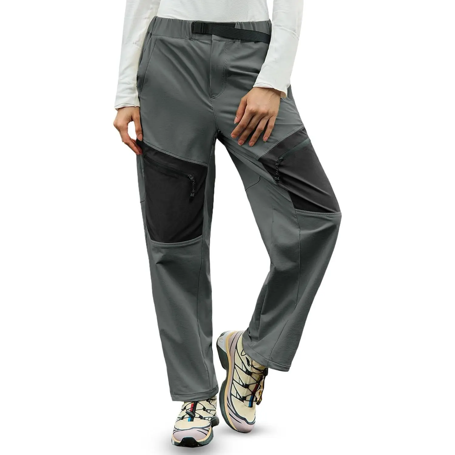 Yousify Women's Waterproof Hiking Cargo Pants - Elastic Waist, Zipper Pockets, Sporty Joggers for Outdoor Travel Work