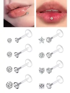 8PCS 16G Clear Push Top Piercing Retainers Earrings For Work, Bioflex Lip Rings Nose Rings Nose Disc Helix Tragus Medusa Monroe Retainer For Women Men Body Jewelry 6-10mm Bar Length