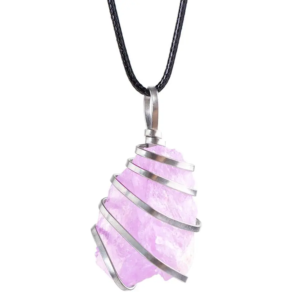 Amethyst Pendant Necklace, Handmade Wire-Wrapped Healing Crystal Jewelry for Men & Women with an Adjustable Rope Chain