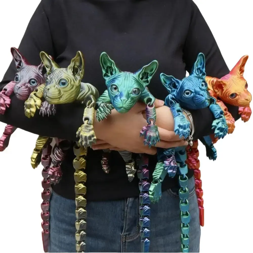 3D Printed Giant Sphynx Cat Figurine - Smooth Articulated Joints Collectible Model, Kawaii Hairless Cat Keychain Desk Decor