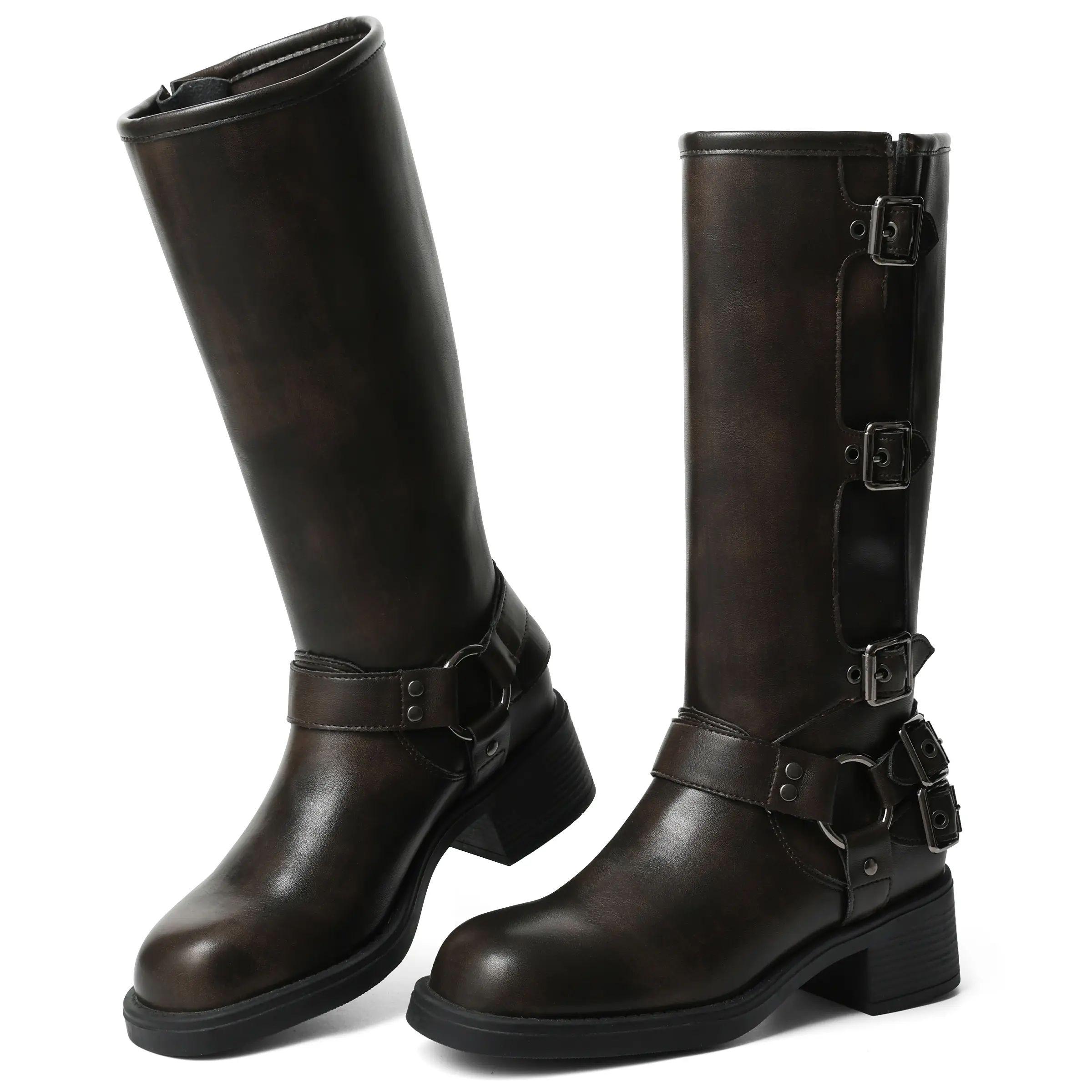 Knee High Boots Women Square Toe Pull On Wide Calf Riding Fashion Buckles Chunky Metallic Casual Vintage Buckle Rivet