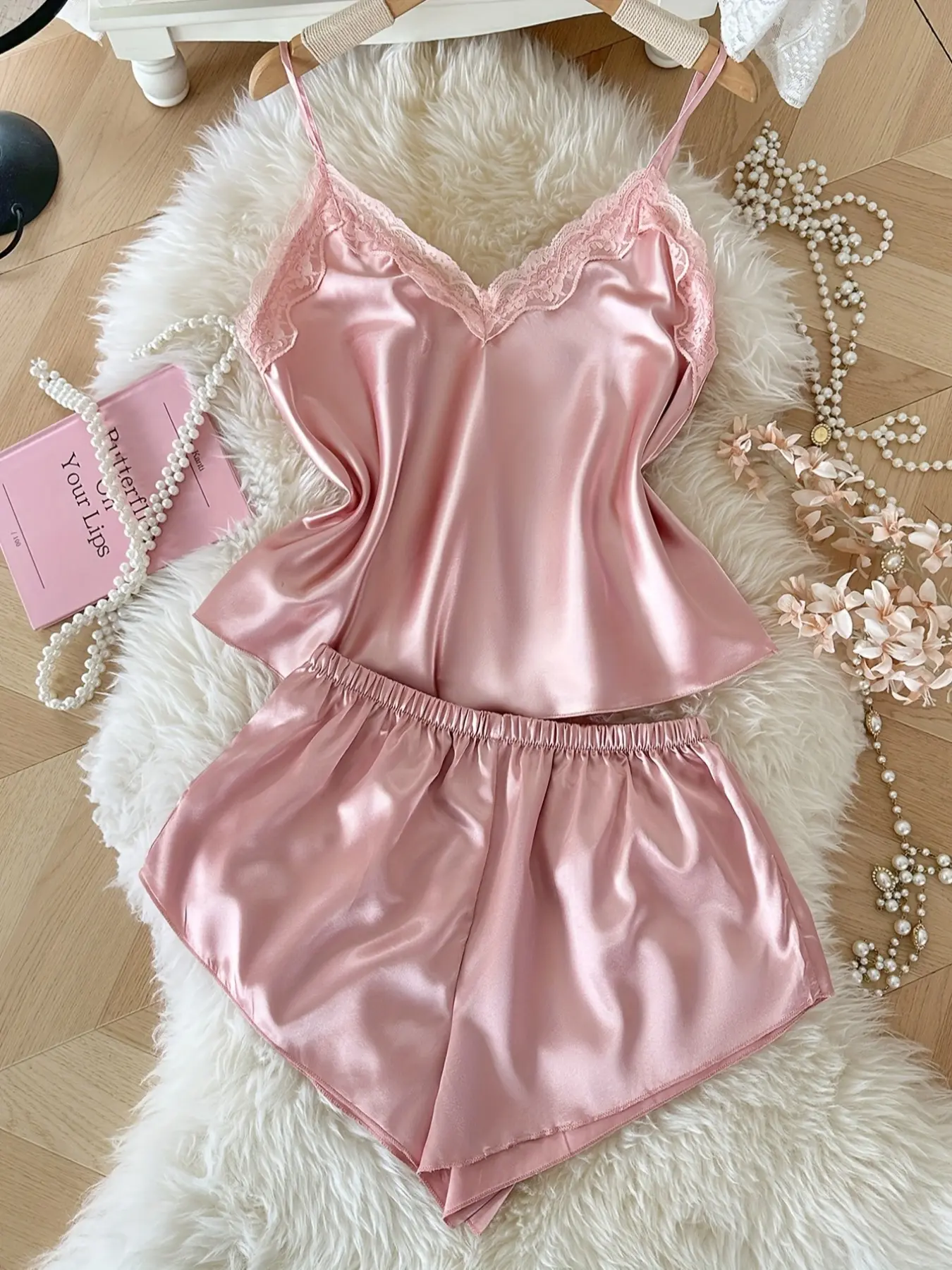 Luxurious Contrast Lace Satin Woven Fitted Spaghetti Strap Pajama Set, Elegant Sleep & Leisure Wear, Comfortable Women's Nightwear, Stylish Design, Lingerie, Womenswear, Lady, Lace Lingerie Sleepwear