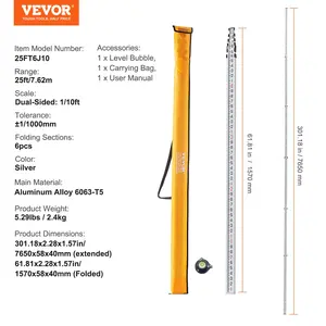 VEVOR Aluminum Grade Rod, 25-Feet/10ths 6 Sections Telescopic Measuring Rod, Double-Sided Scale 1/10ft Leveling Rod Stick, Aluminum Alloy Survey Rod w/ Bubble Level Carrying Bag for Houses, Walls, Floors