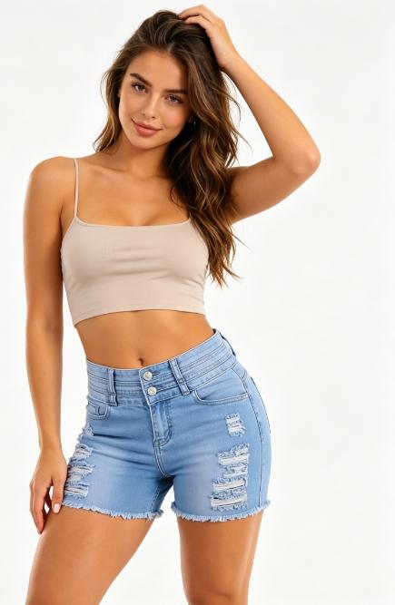 Women's Mid Rise Denim Shorts with Stretch Raw Hem Detail & Button Closure Casual Summer Style Jean Womenswear