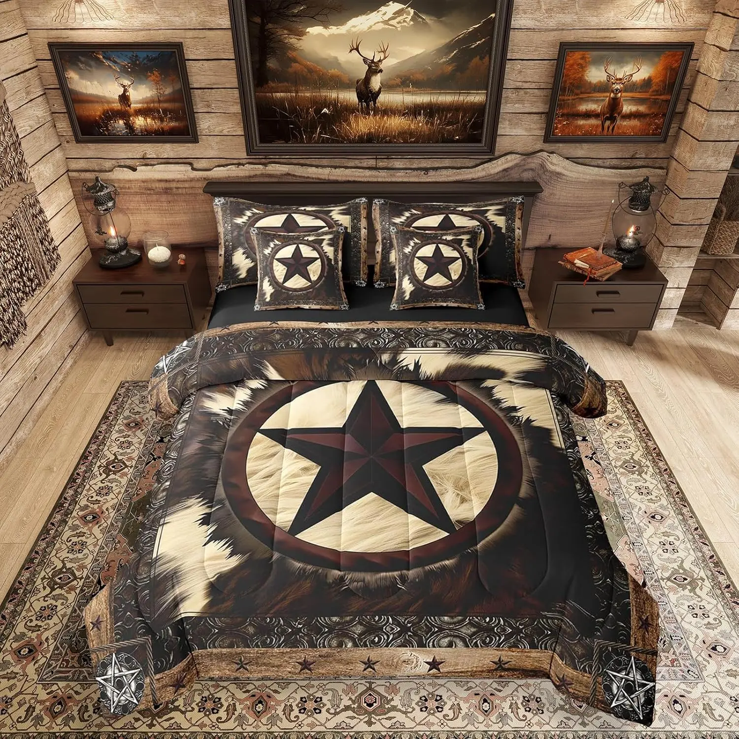 Feelyou 7-Piece Rustic Cow Microfiber Decorative Bedding Set - Queen Western Cowboy Theme Comforter Set with Flat Sheet, Fitted Sheet, Cowhide Print, Ideal for Home Decor, Microfiber Bedding Set